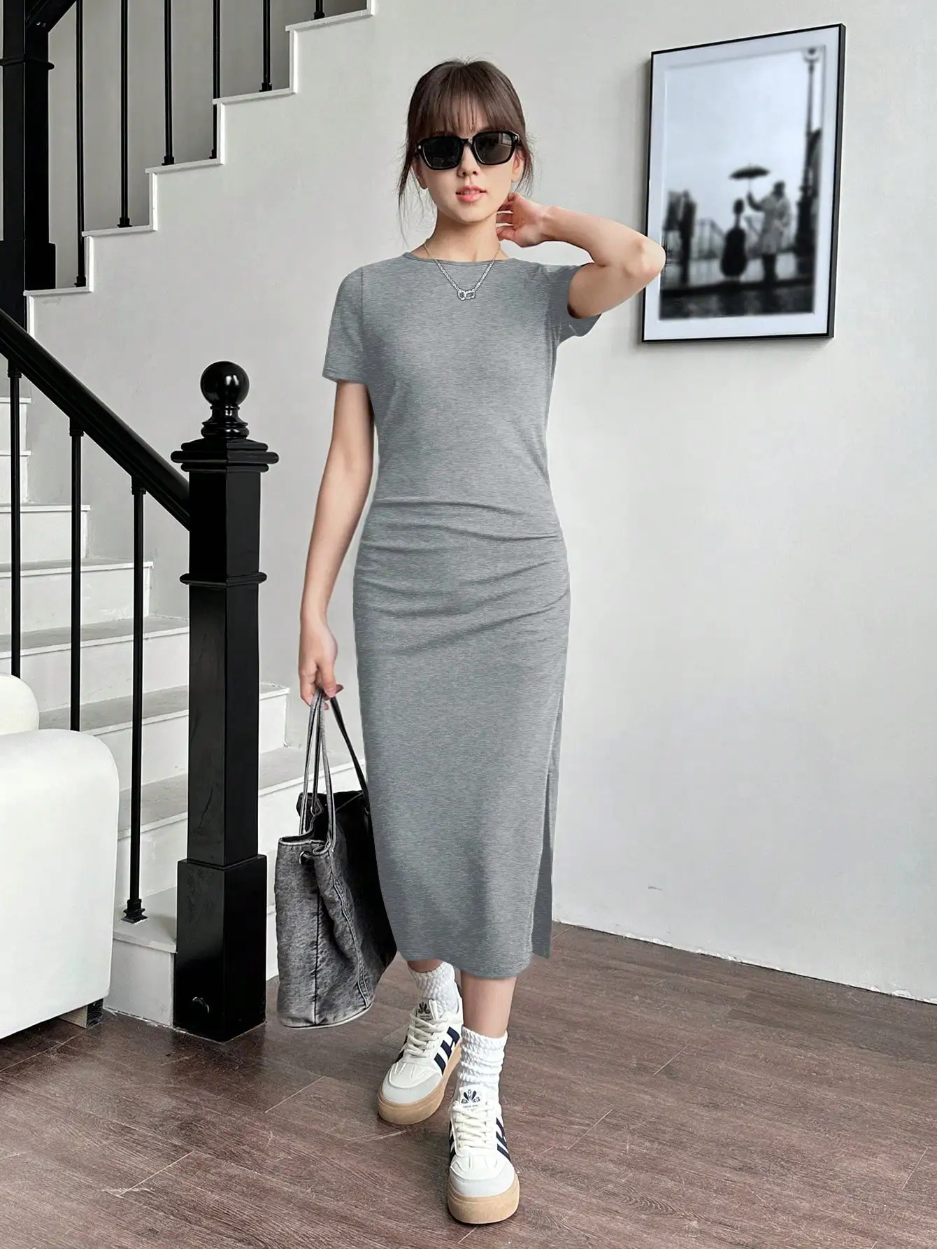 Gray Ribbed Knit Ruched Waist Slit Midi Dress Casual Women
Gray Ribbed Knit Ruched Waist Slit Midi Dress Casual Women