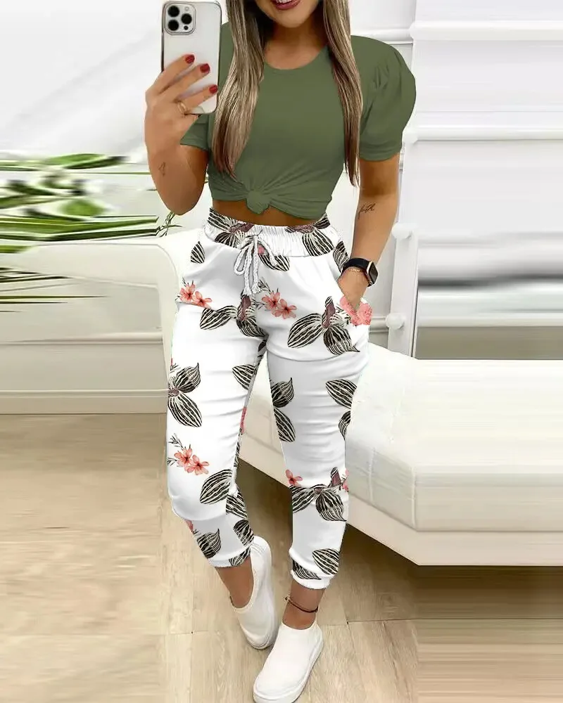 Women Short Sleeve Pants Two Piece Set Fashion Solid Top And Print Drawstring Pants Outfits Summer Casual Office Lady Work Sets
Women Short Sleeve Pants Two Piece Set Fashion Solid Top And Print Drawstring Pants Outfits Summer Casual Office Lady Work Sets