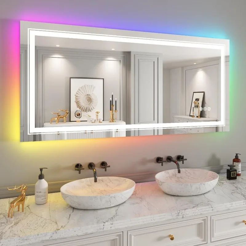 LED Mirror for Bathroom, 60"X28" with 8 RGB Backlit +3 Front Lit (Adjustable Individually), Anti-Fog, Large Lighted Bathroom Van
LED Mirror for Bathroom, 60"X28" with 8 RGB Backlit +3 Front Lit (Adjustable Individually), Anti-Fog, Large Lighted Bathroom Van