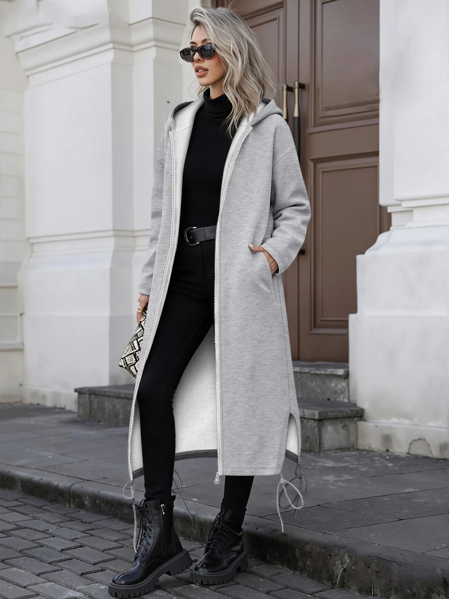 High End Elegant Long Hooded Outwear Women Solid Light Gray Zip Up Jacket Luxury Casual Coat
High End Elegant Long Hooded Outwear Women Solid Light Gray Zip Up Jacket Luxury Casual Coat