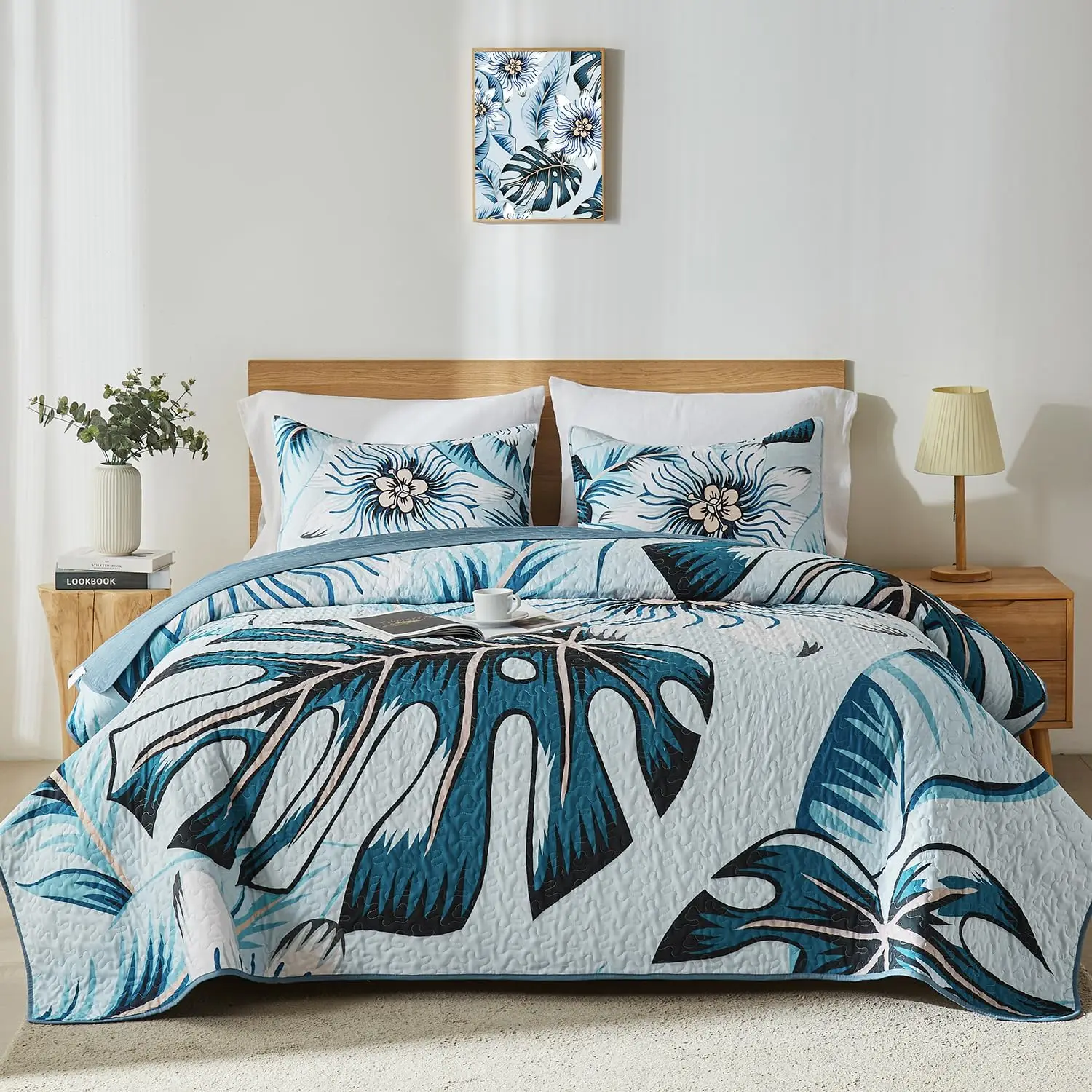 Botanical Pattern King Quilt Set, Light Blue 3-Piece Summer Bedspread with Pillow Shams, All Season
Botanical Pattern King Quilt Set, Light Blue 3-Piece Summer Bedspread with Pillow Shams, All Season