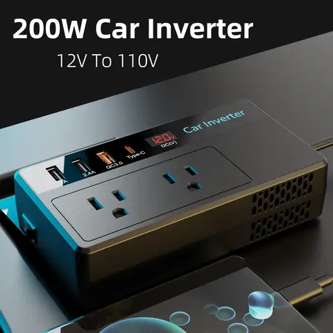 200W Car Inverter DC 12V To 110V AC Power Inverters 3 USB 1 Type-C Ports Charger Adapter Car Plug Converter with LED Screen