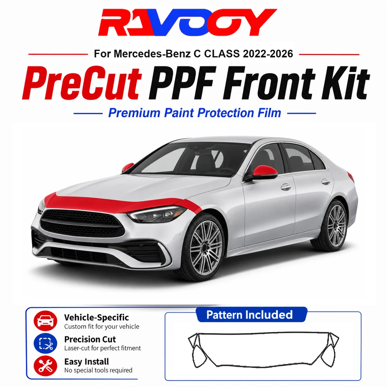8.5mil TPU Precut PPF Kit For Mercedes-Benz C CLASS 2022-2026 - Hood, Fenders & Mirror Set - Self-Healing Clear Bra Film
8.5mil TPU Precut PPF Kit For Mercedes-Benz C CLASS 2022-2026 - Hood, Fenders & Mirror Set - Self-Healing Clear Bra Film