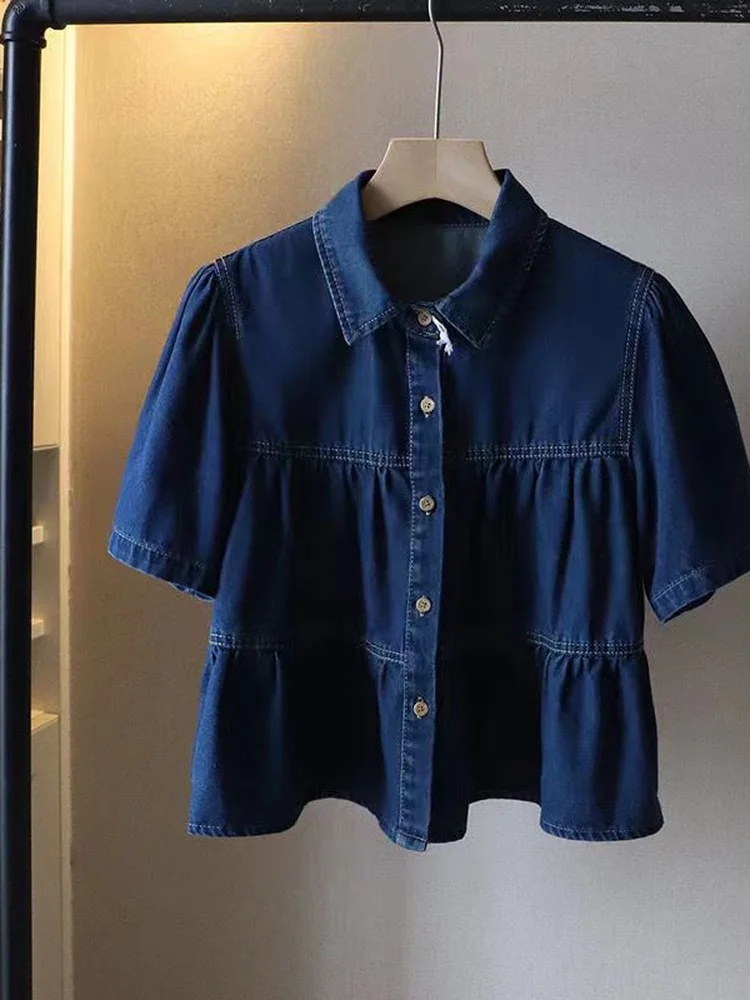 Slimming Pleated Denim Shirt Women's Collar Single Button Loose Sweet Anti-Aging Lace Trim Top Trendy Cotton Vintage Style
Slimming Pleated Denim Shirt Women's Collar Single Button Loose Sweet Anti-Aging Lace Trim Top Trendy Cotton Vintage Style