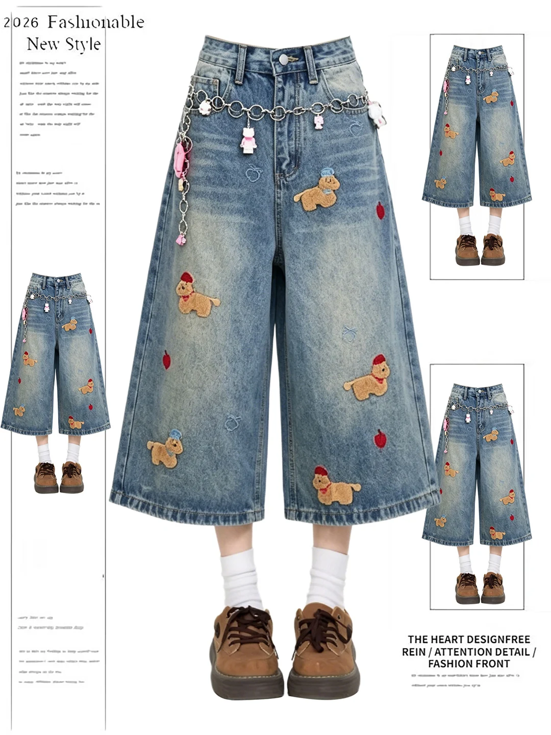 Summer Blue Denim Embroidered Dog Cartoon Seven-Five Shorts Women's High Waist Wide Leg Pants Retro Style Casual Wear
Summer Blue Denim Embroidered Dog Cartoon Seven-Five Shorts Women's High Waist Wide Leg Pants Retro Style Casual Wear