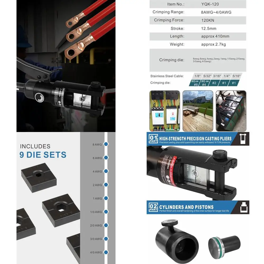 Universal Hydraulic Crimping Tool for 8 AWG to 4/0 AWG Cables with 9 Sets of Dies
Universal Hydraulic Crimping Tool for 8 AWG to 4/0 AWG Cables with 9 Sets of Dies
