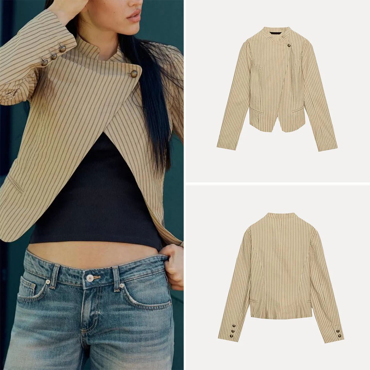 Fashionable Striped Long Sleeve round Neck Double Breasted Suit Jacket Women's Spring 2026 ZADATA Standard Fit Short Outerwear
Fashionable Striped Long Sleeve round Neck Double Breasted Suit Jacket Women's Spring 2026 ZADATA Standard Fit Short Outerwear