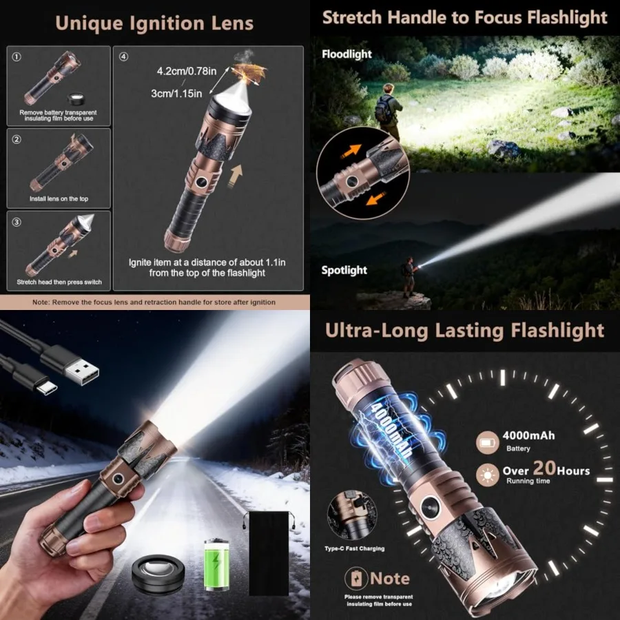 Rechargeable Flashlight High Lumens with Ignition Lens, 5000mAh Fire-Starting Tactical Flashlight, Emergency Survival Gear for
Rechargeable Flashlight High Lumens with Ignition Lens, 5000mAh Fire-Starting Tactical Flashlight, Emergency Survival Gear for