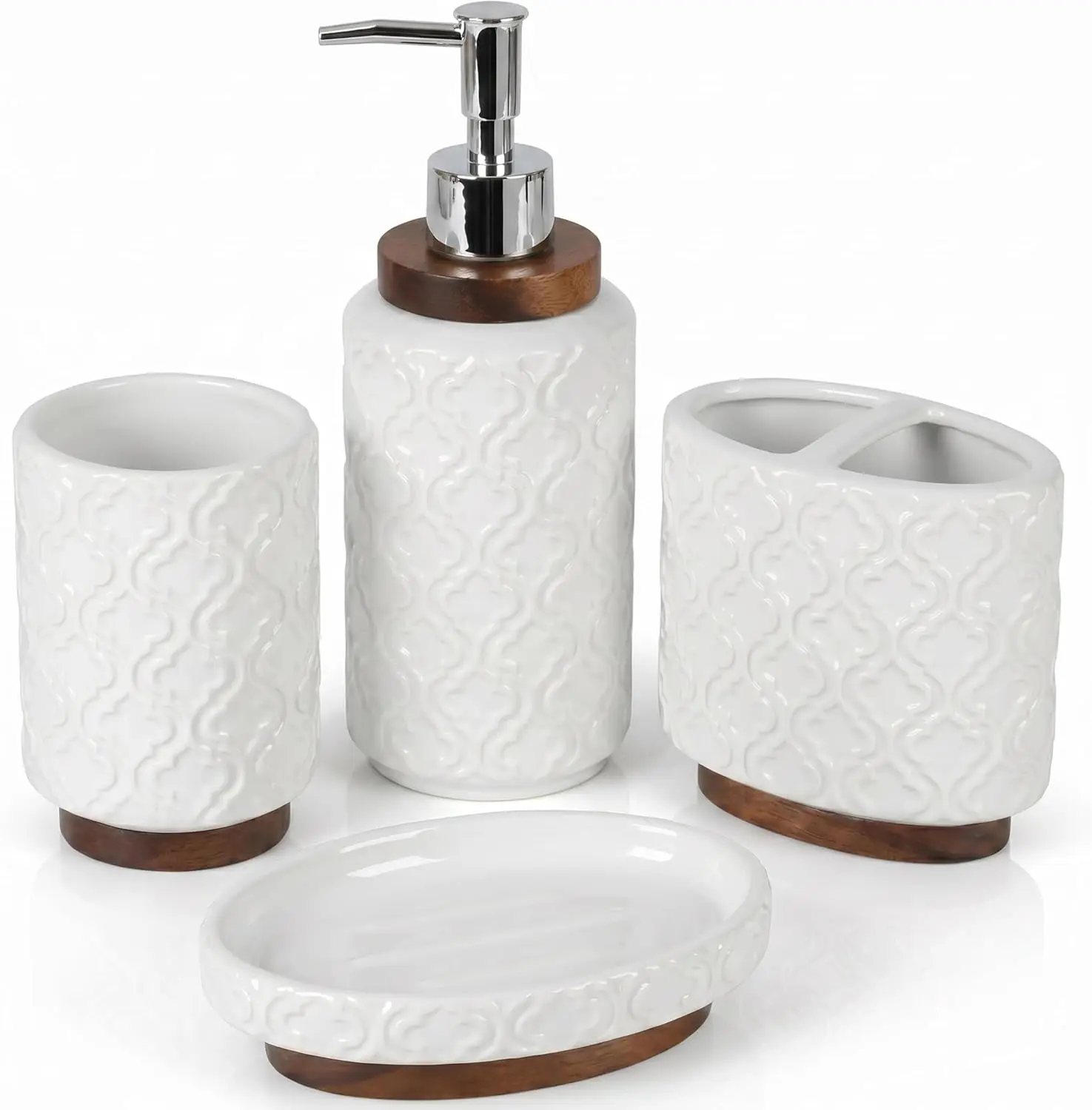 4 Piece Bathroom Accessories Set, White Ceramic with Wood Accents, Soap Dispenser, Toothbrush Holder, Tumbler and Soap Dish
4 Piece Bathroom Accessories Set, White Ceramic with Wood Accents, Soap Dispenser, Toothbrush Holder, Tumbler and Soap Dish