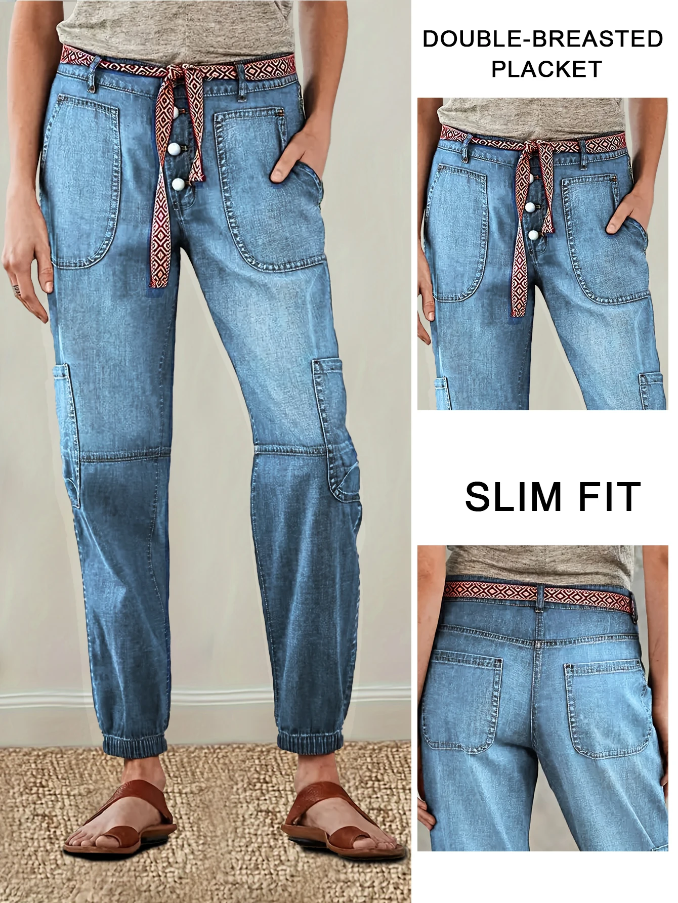Women's stylish high waist blue denim loose fit jeans with elastic cuffs, button placket, multiple pockets, casual fashion style
Women's stylish high waist blue denim loose fit jeans with elastic cuffs, button placket, multiple pockets, casual fashion style