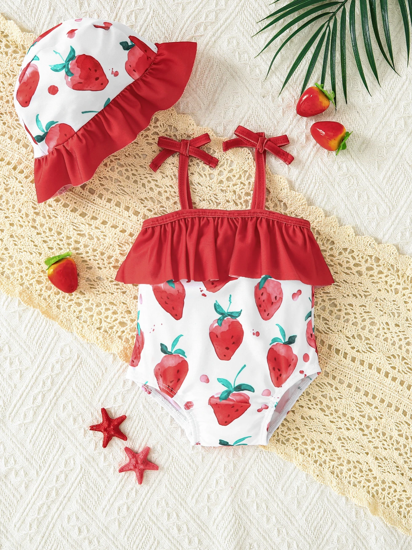 Cute 3-18M baby girl strawberry one-piece swimsuit set with matching sun hat. Watercolor strawberry print, ruffle hem & shoulder
Cute 3-18M baby girl strawberry one-piece swimsuit set with matching sun hat. Watercolor strawberry print, ruffle hem & shoulder