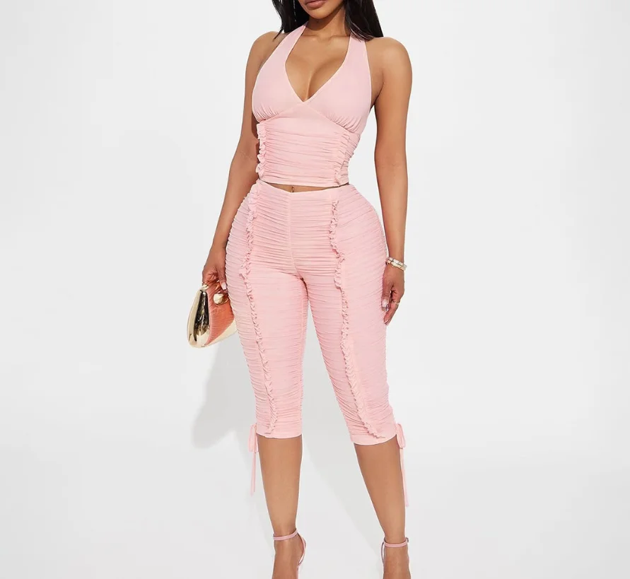 Two Piece Set Women Outfit 2026 New Summer Solid Color Sexy Deep V-Neck Backless Lace Up Crop Vest & Ruched Casual Pants Set
Two Piece Set Women Outfit 2026 New Summer Solid Color Sexy Deep V-Neck Backless Lace Up Crop Vest & Ruched Casual Pants Set