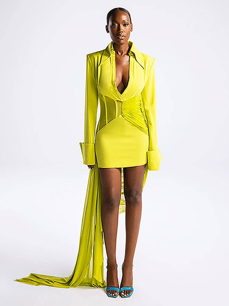 Trendy Women's Yellow Long Sleeves Mini Dress Deep V-Neck Ruched Design Long Tail Sexy Party Evening Club Outfit for Ladies
Trendy Women's Yellow Long Sleeves Mini Dress Deep V-Neck Ruched Design Long Tail Sexy Party Evening Club Outfit for Ladies