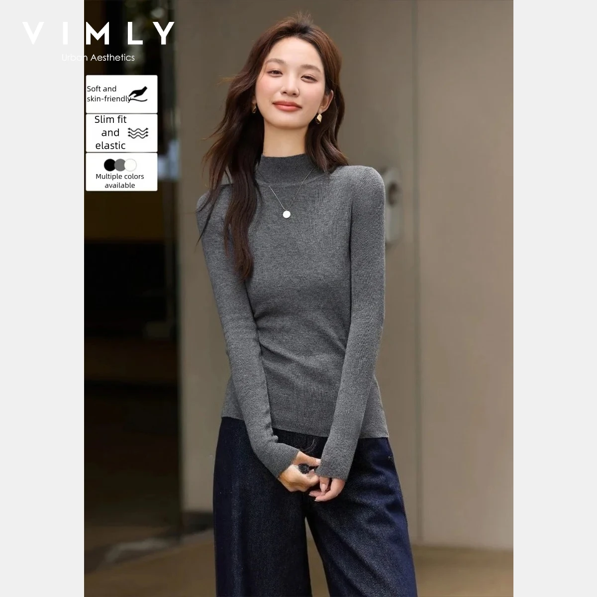 VIMLY Long Sleeve T-Shirt for Women 2025 Winter Grey Half Turtleneck Slim Fit High Elasticity Knitwear Woman Clothes 30316
VIMLY Long Sleeve T-Shirt for Women 2025 Winter Grey Half Turtleneck Slim Fit High Elasticity Knitwear Woman Clothes 30316