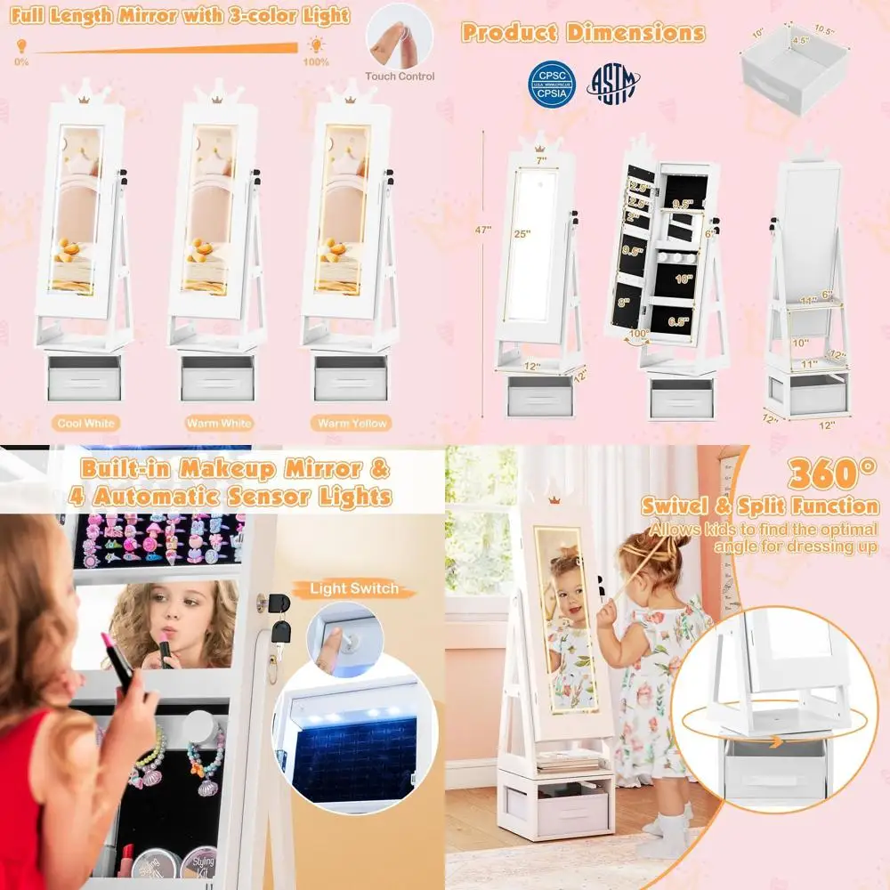 Поворотный шкаф для ювелирных изделий с коронной тематикой, светодиодной подсветкой, зеркалом в полный рост, зеркалом для макияжа и замком для маленьких девочек (белый)
Поворотный шкаф для ювелирных изделий с коронной тематикой, светодиодной подсветкой, зеркалом в полный рост, зеркалом для макияжа и замком для маленьких девочек (белый)