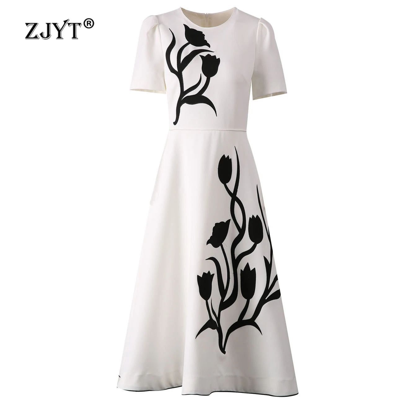 ZJYT Women's Flower Embroidery Midi Dress Summer White Black Short Sleeve Elegant Vintage Casual Party Runway 2025 New Fashion
ZJYT Women's Flower Embroidery Midi Dress Summer White Black Short Sleeve Elegant Vintage Casual Party Runway 2025 New Fashion