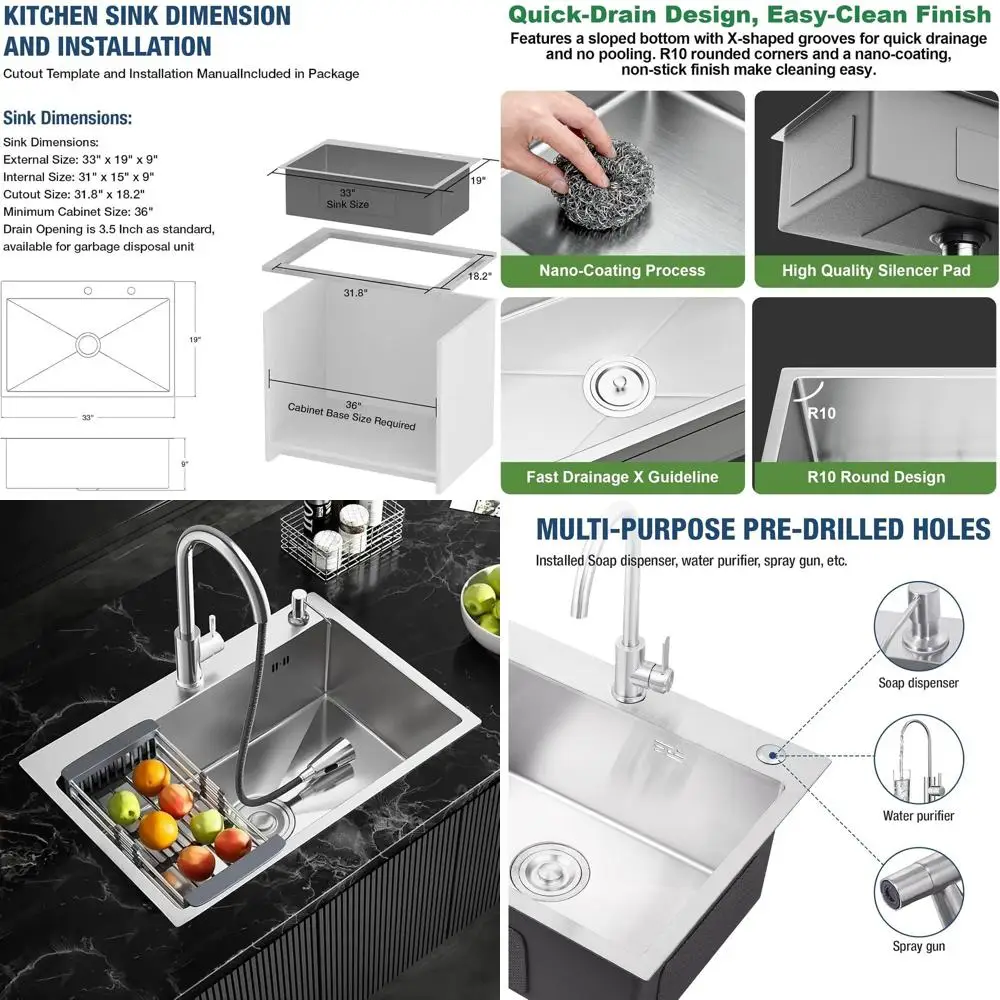 Глубокая одинарная кухонная мойка на 9 секций с нанопокрытием, из нержавеющей стали, подходит для кухни и прачечной, в комплекте с аксессуарами
Глубокая одинарная кухонная мойка на 9 секций с нанопокрытием, из нержавеющей стали, подходит для кухни и прачечной, в комплекте с аксессуарами