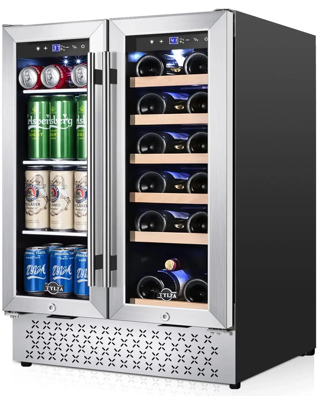 Wine and Beverage Refrigerator, 24 Inch Dual Zone Wine Fridge, Holds 18 Bottles and 88 Cans, French Doors, Lock,, Customized
Wine and Beverage Refrigerator, 24 Inch Dual Zone Wine Fridge, Holds 18 Bottles and 88 Cans, French Doors, Lock,, Customized