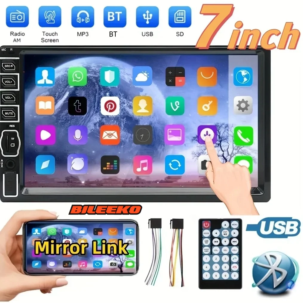 Bileeko Double Din Car Stereo - 7" Touch Screen BT Radio with AUX/USB/FM/TF, Mirror Link & IR Remote
Bileeko Double Din Car Stereo - 7" Touch Screen BT Radio with AUX/USB/FM/TF, Mirror Link & IR Remote