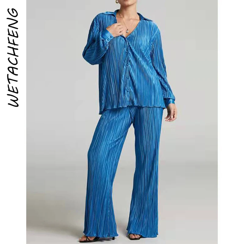 Women Two Piece Sets Solid Draped Blouses And Wide Leg Pants Tracksuits Suits 2022 Summer Pleated Casual Loose 2 Piece Outfits
Women Two Piece Sets Solid Draped Blouses And Wide Leg Pants Tracksuits Suits 2022 Summer Pleated Casual Loose 2 Piece Outfits