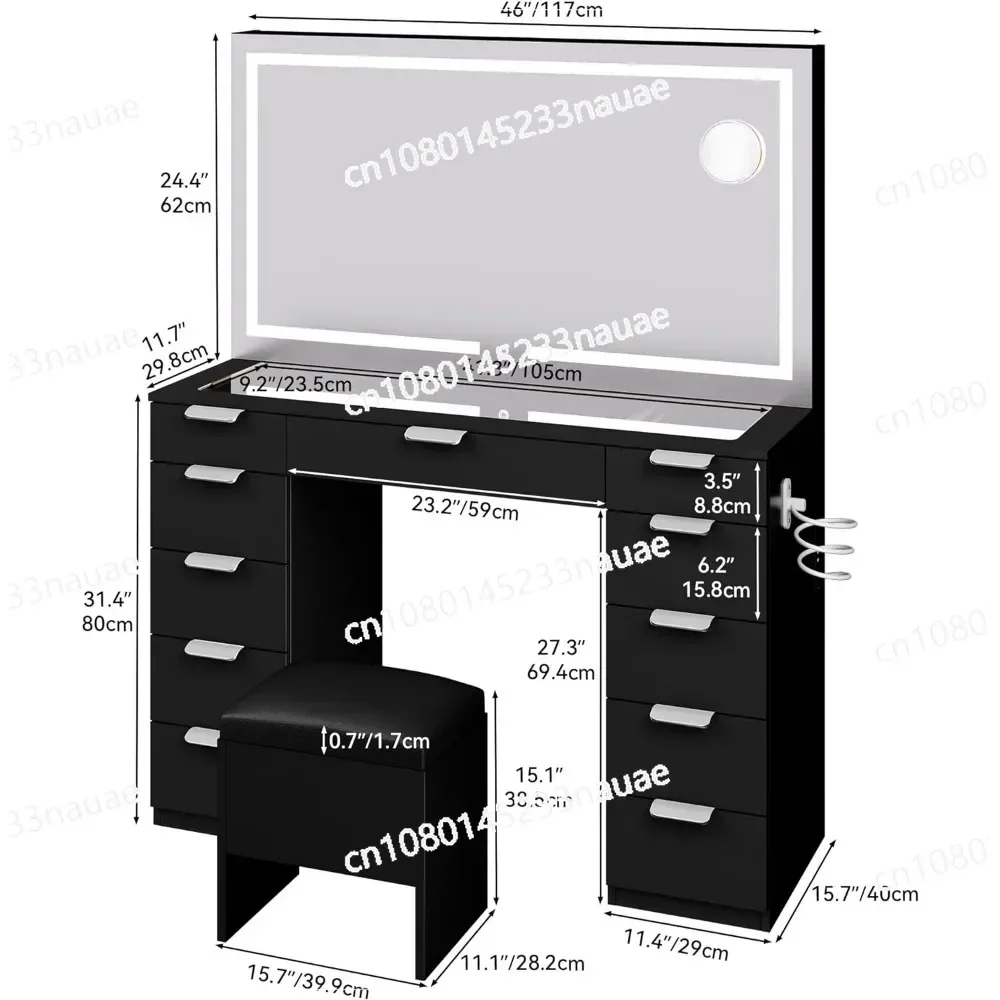 46'' Large Makeup Vanity Desk Set with Large LED Lighted Mirror & Power Outlet, Glass Top Vanity with 11 Drawers
46'' Large Makeup Vanity Desk Set with Large LED Lighted Mirror & Power Outlet, Glass Top Vanity with 11 Drawers