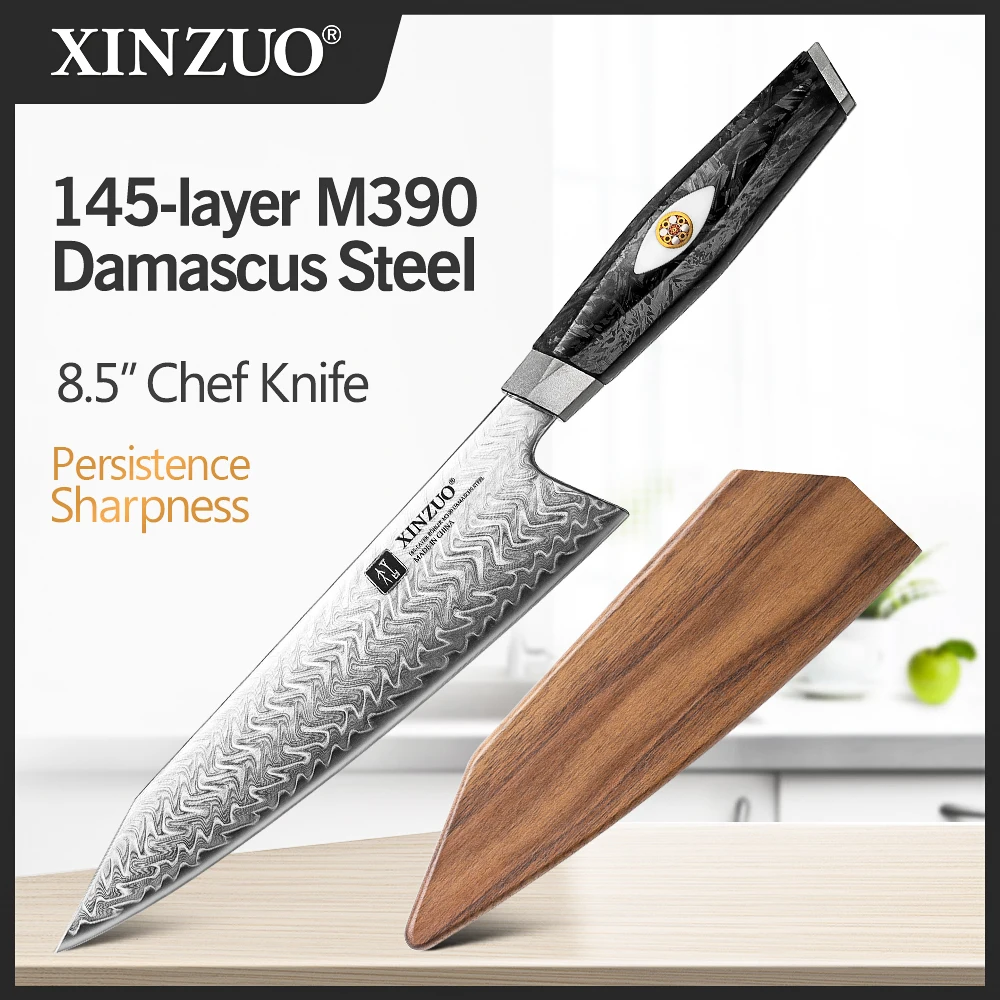 XINZUO 8.5‘’ Chef Knife Damascus Super Steel BÖHLER M390 Powder Steel Optional Sheaths Available Exquisite Wooden Box Packaging
XINZUO 8.5‘’ Chef Knife Damascus Super Steel BÖHLER M390 Powder Steel Optional Sheaths Available Exquisite Wooden Box Packaging