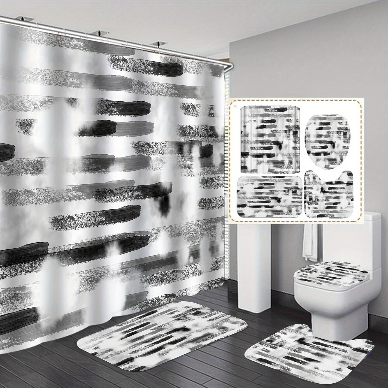 Черно-белый набор для ванной комнаты из 4 предметов, полиэфирная ткань, занавеска для душа, коврик для унитаза, нескользящий коврик, U-образный коврик 
Черно-белый набор для ванной комнаты из 4 предметов, полиэфирная ткань, занавеска для душа, коврик для унитаза, нескользящий коврик, U-образный коврик