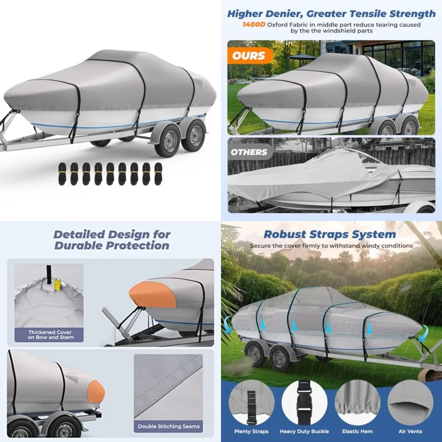 Waterproof Boat Cover 14-16 ft, 1400D Heavy Duty Middle Reinforced Marine Grade Trailerable Cover, Fits 14'-16' V-Hull Tri-Hull Bass Boat Runabout Fish Ski Boat with Storage Bag, Gray
Waterproof Boat Cover 14-16 ft, 1400D Heavy Duty Middle Reinforced Marine Grade Trailerable Cover, Fits 14'-16' V-Hull Tri-Hull Bass Boat Runabout Fish Ski Boat with Storage Bag, Gray