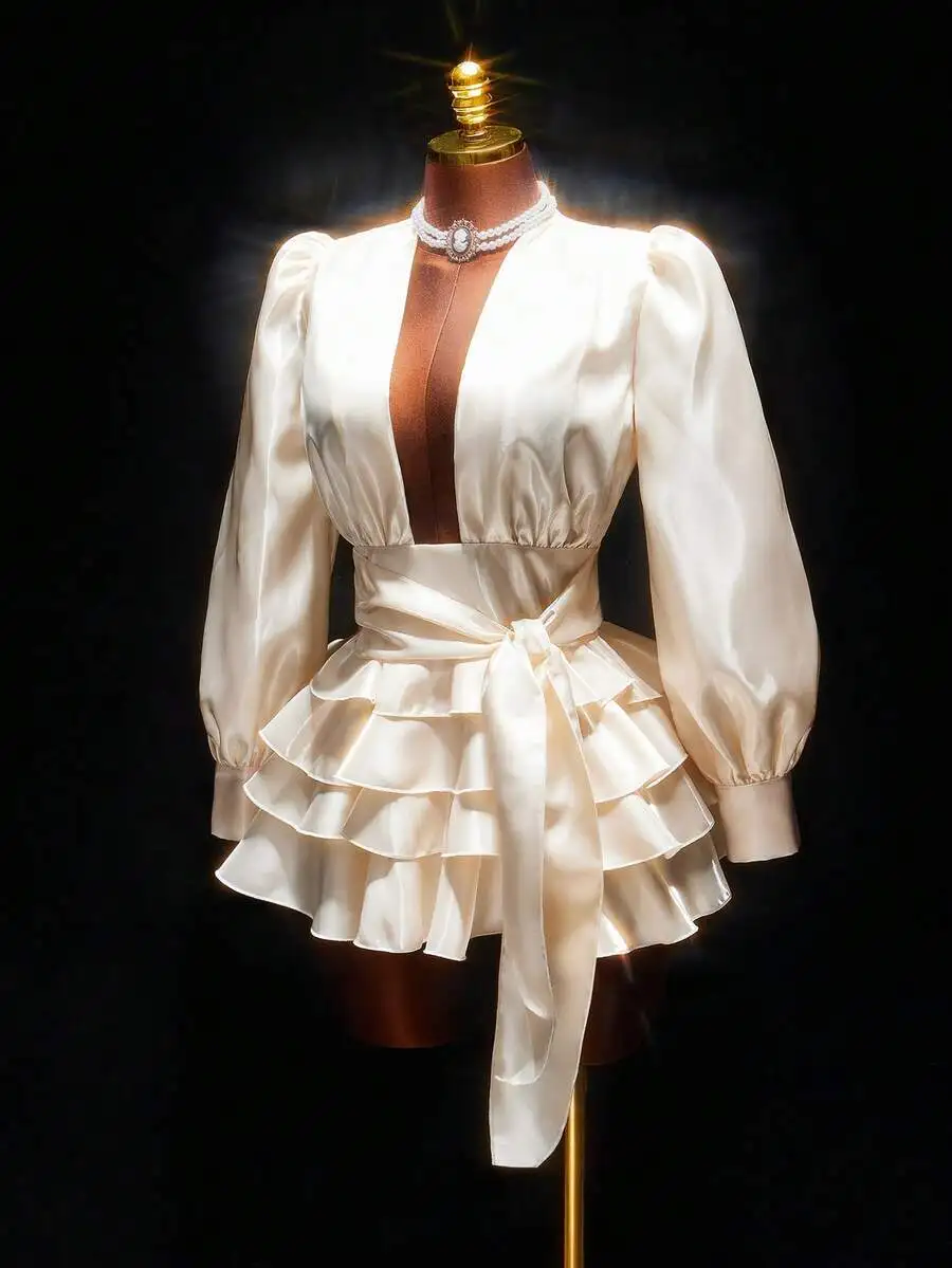 Elegant White Satin Ruffle Hem Mini Dress With Puffed Sleeves For Party
Elegant White Satin Ruffle Hem Mini Dress With Puffed Sleeves For Party