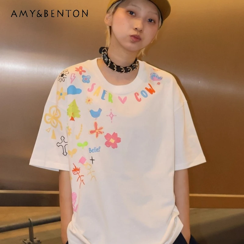 American White Cartoon Graffiti Print Women's T-Shirt New High Street Loose Couple Pure Cotton Short Sleeve T-Shirts Men Ladies
American White Cartoon Graffiti Print Women's T-Shirt New High Street Loose Couple Pure Cotton Short Sleeve T-Shirts Men Ladies