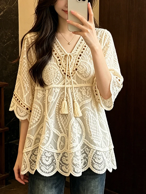 Bohemian Embroidered Lace Shirt Women's Thin Unique Design Summer New Style Sun Protection Slimming Top Korean Style Loose Fit
Bohemian Embroidered Lace Shirt Women's Thin Unique Design Summer New Style Sun Protection Slimming Top Korean Style Loose Fit