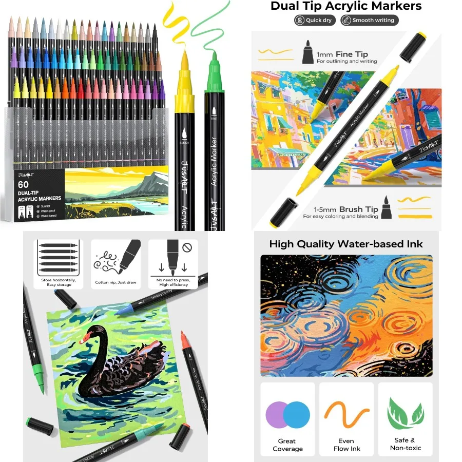 JusArt 60-цветные акриловые ручки с двумя наконечниками, маркеры с кистью и тонким наконечником для дерева, холста, яиц, камней, ткани, камней, металла, стекла
JusArt 60-цветные акриловые ручки с двумя наконечниками, маркеры с кистью и тонким наконечником для дерева, холста, яиц, камней, ткани, камней, металла, стекла