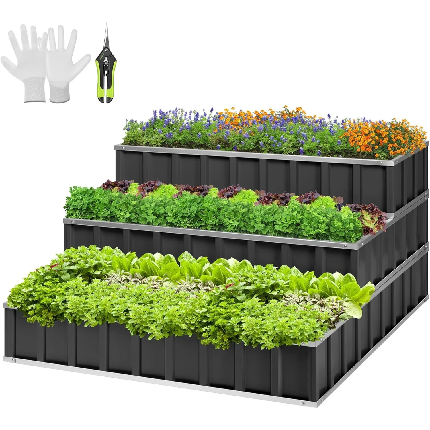 3-Tier Metal Raised Garden Bed 46x46x24 in Galvanized Steel Planter Box with Gloves and Scissors for Vegetables Herbs Flowers
3-Tier Metal Raised Garden Bed 46x46x24 in Galvanized Steel Planter Box with Gloves and Scissors for Vegetables Herbs Flowers