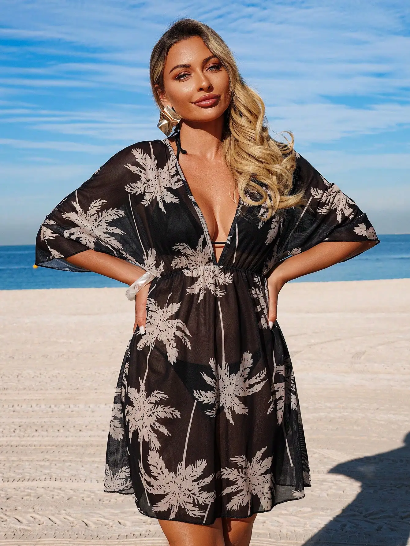 Summer Womens Sheer Palm Tree Print Cover-Up Dress With V-Neck And Cinched Waist, Three-Quarter Sleeve Beachwear
Summer Womens Sheer Palm Tree Print Cover-Up Dress With V-Neck And Cinched Waist, Three-Quarter Sleeve Beachwear