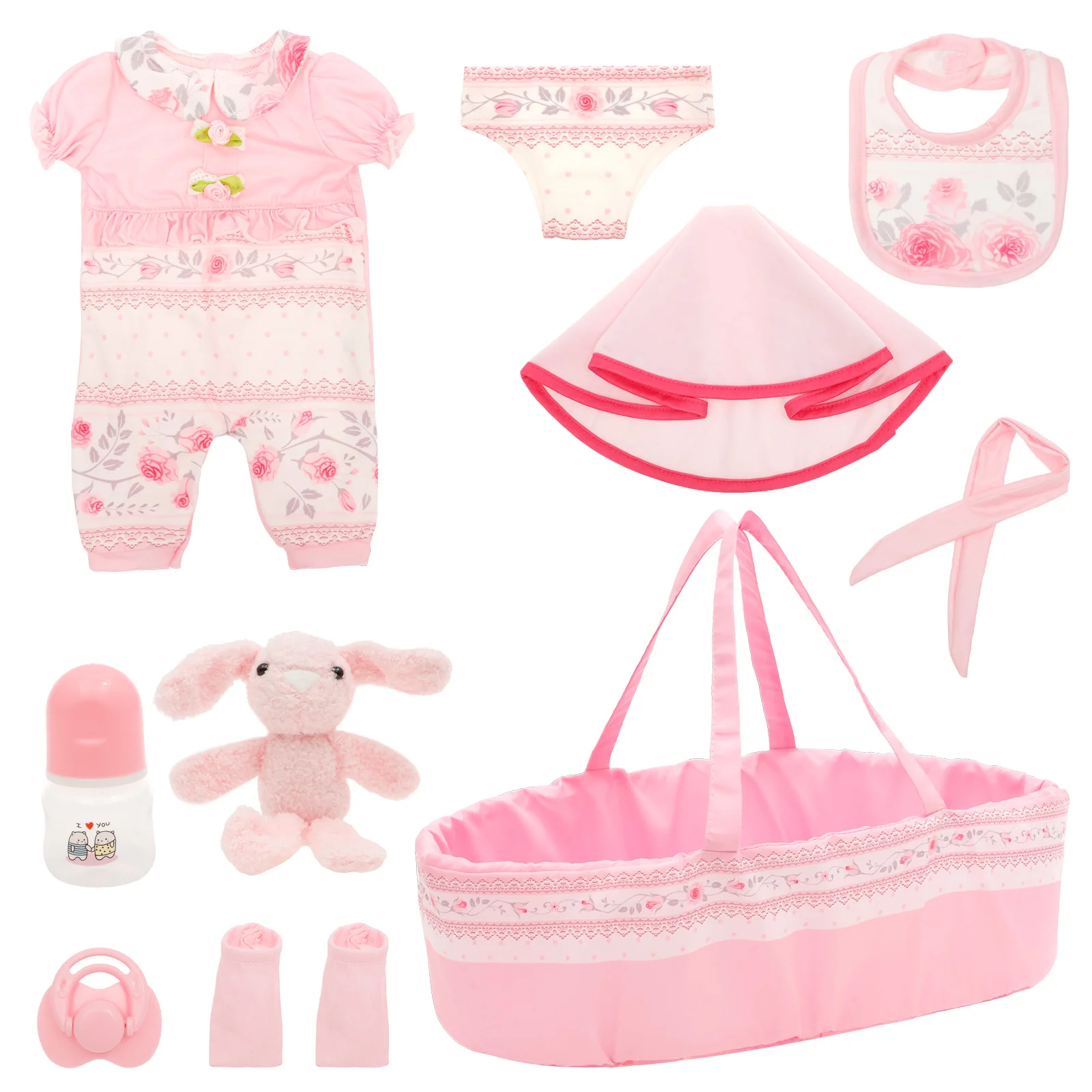 10 Pcs Doll Clothes Set Portable Baby Doll Accessories Set with Bassinet Diaper Pacifier Feeding Bottle for Children Toddler
10 Pcs Doll Clothes Set Portable Baby Doll Accessories Set with Bassinet Diaper Pacifier Feeding Bottle for Children Toddler