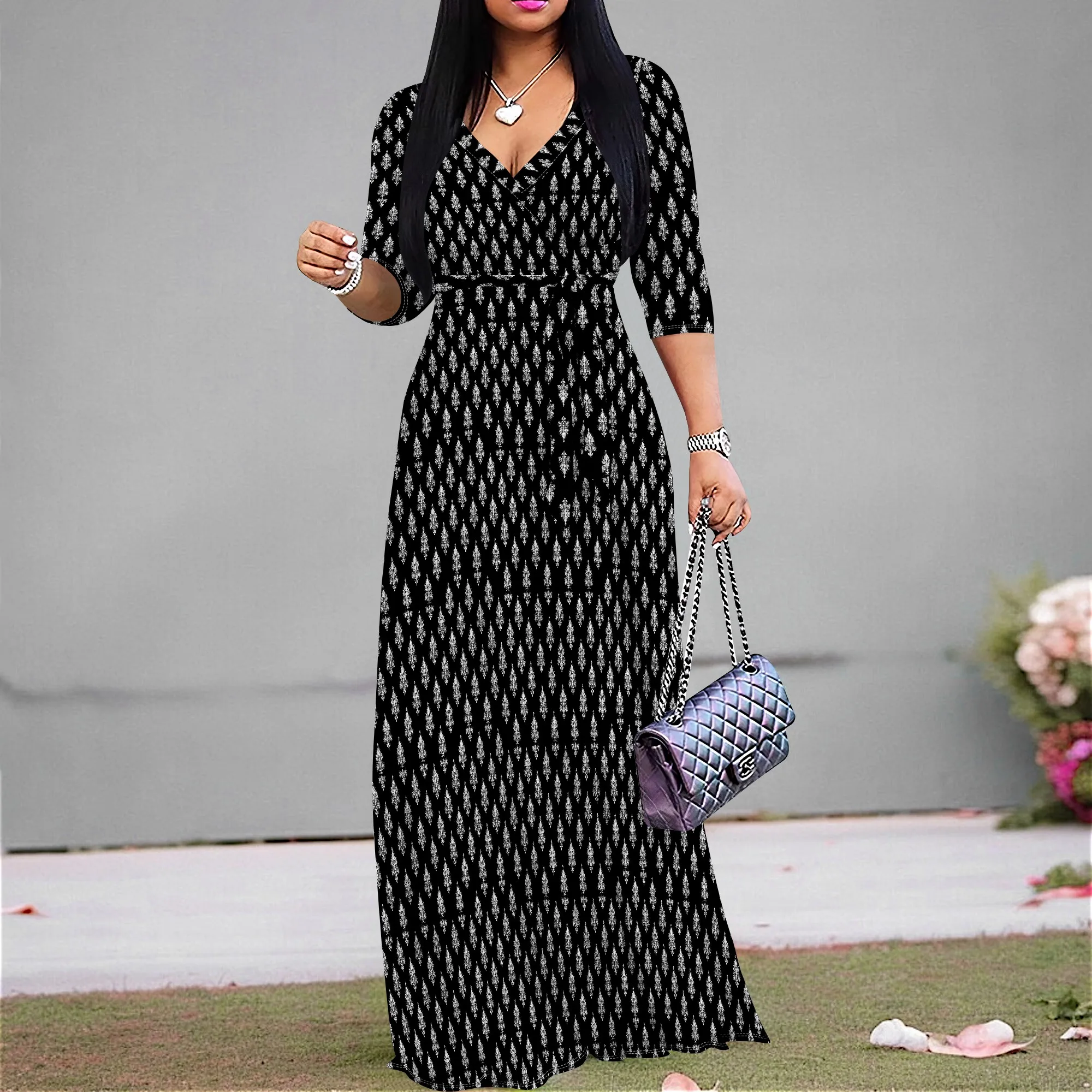 Vintage Geometric Print Maxi Dress for Women Plus Size S-2XL V-Neck Tie Waist for Church or Sunday Style
Vintage Geometric Print Maxi Dress for Women Plus Size S-2XL V-Neck Tie Waist for Church or Sunday Style