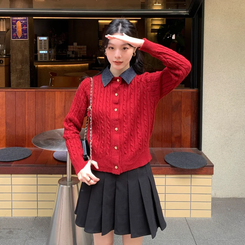 Милый свитер из двух частей с длинными рукавами и круглым вырезом в студенческом стиле для женщин, модный красный, серый теплый шерстяной кардиган 
Милый свитер из двух частей с длинными рукавами и круглым вырезом в студенческом стиле для женщин, модный красный, серый теплый шерстяной кардиган