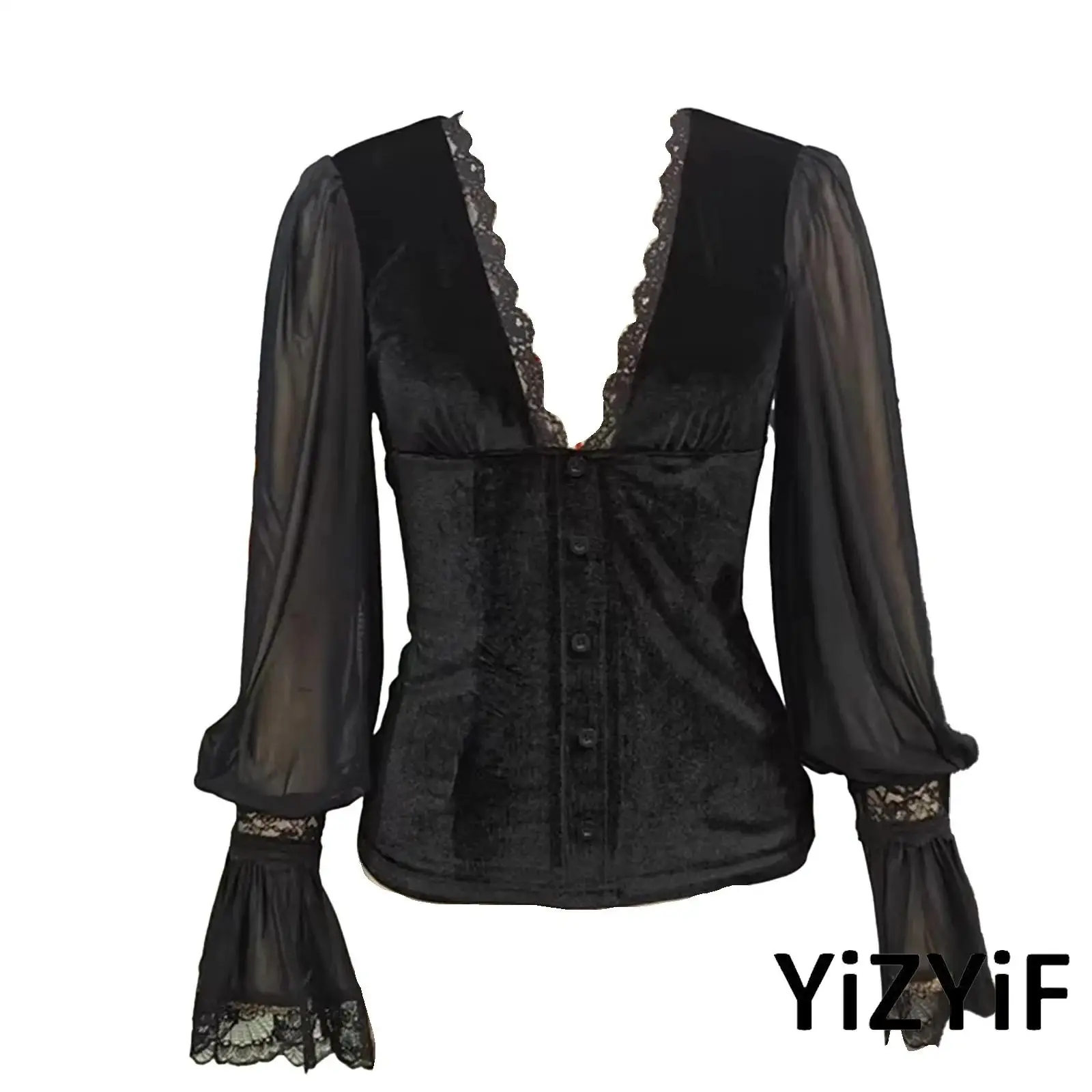 Women Gothic Velvet Blouse Deep V Neck Sheer Long Sleeve Lace Trim Flared Cuffs Shirt for Cocktails Party Vintage Top
Women Gothic Velvet Blouse Deep V Neck Sheer Long Sleeve Lace Trim Flared Cuffs Shirt for Cocktails Party Vintage Top