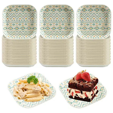 Green Mini Desserts Paper Plate Bohemia Style Disposable Paper Plates Green Square Paper Plate for Appetizer Dried Fruit