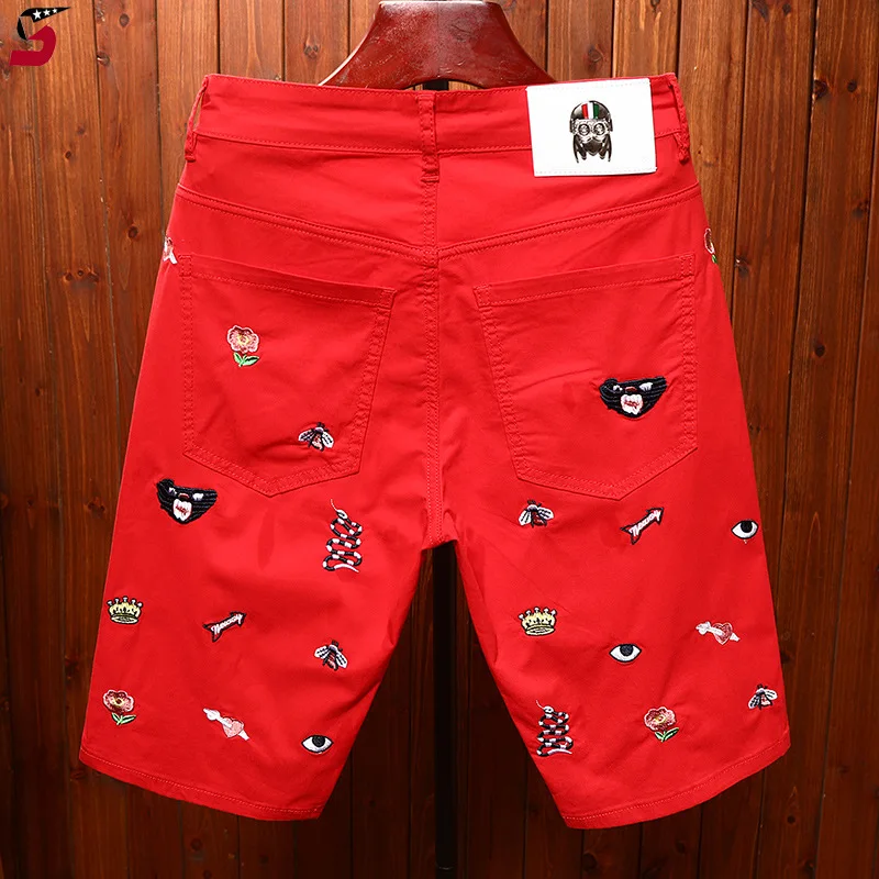 Red jeans shorts for men's summer embroidered slim fit straight leg elastic personalized street trend denim capris
Red jeans shorts for men's summer embroidered slim fit straight leg elastic personalized street trend denim capris