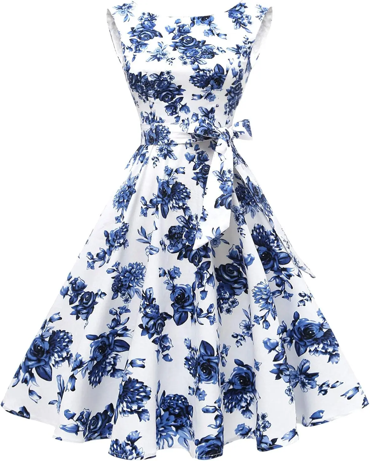 Women's Blue Floral Print Vintage 1950s Swing Dress with Belt, Boat Neck Sleeveless Cocktail Dress
Women's Blue Floral Print Vintage 1950s Swing Dress with Belt, Boat Neck Sleeveless Cocktail Dress