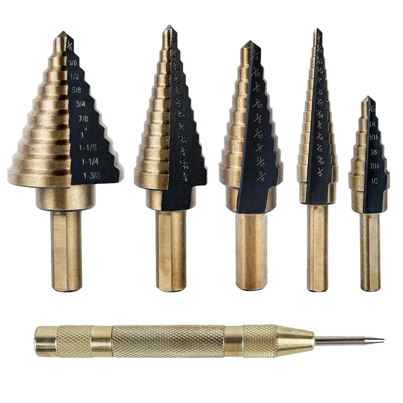 ABLU-5Pcs Step Drill Bits For Metal, Wood, Plastic, 50 Sizes Tri-Flat Shank HSS Titanium Step Drill Bit Set With Center Punch
ABLU-5Pcs Step Drill Bits For Metal, Wood, Plastic, 50 Sizes Tri-Flat Shank HSS Titanium Step Drill Bit Set With Center Punch
