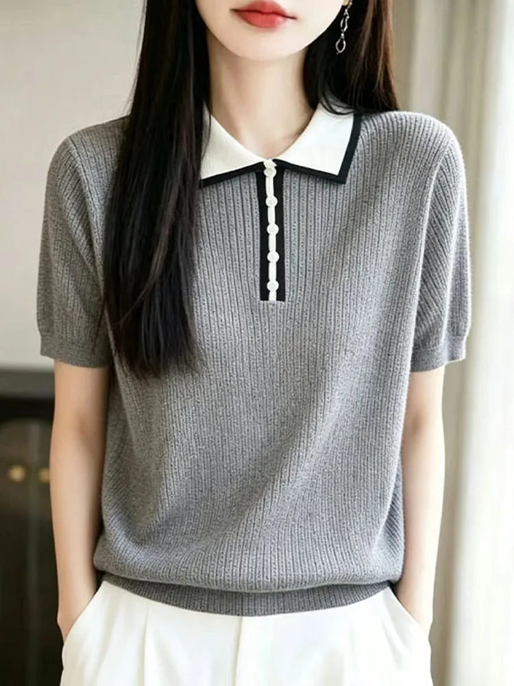 Korean Style Casual Color Block Knitted Short Sleeve T-Shirt Women Anti Aging Vintage Shoulder Ladies Summer Elegant Top
Korean Style Casual Color Block Knitted Short Sleeve T-Shirt Women Anti Aging Vintage Shoulder Ladies Summer Elegant Top