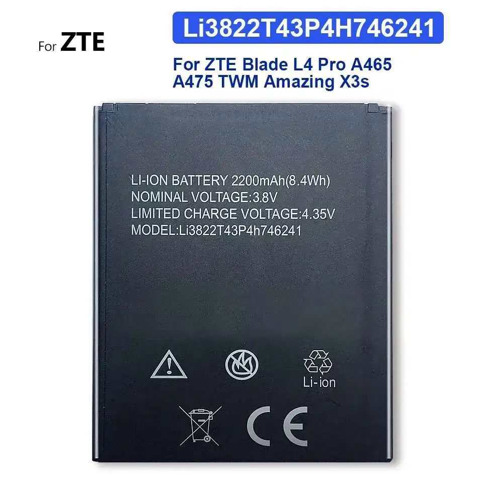 High Capacity Reliable Power Li3822t43p4h746241 2200Mah Mobile Phone Battery For Zte Blade L4 Pro A465 A475 Twm Amazing X3s A315
High Capacity Reliable Power Li3822t43p4h746241 2200Mah Mobile Phone Battery For Zte Blade L4 Pro A465 A475 Twm Amazing X3s A315