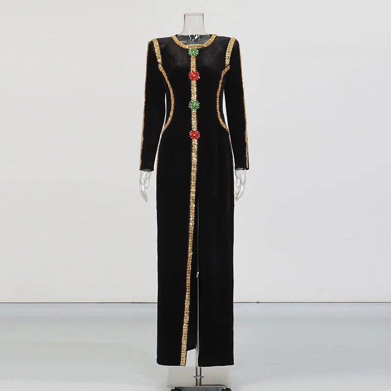 Women’s Black Velvet Crew Neck Long Sleeve Gold Trim Multi-Color Gem Embellished High-Slit Maxi Dress Luxury Vintage Formal
Women’s Black Velvet Crew Neck Long Sleeve Gold Trim Multi-Color Gem Embellished High-Slit Maxi Dress Luxury Vintage Formal