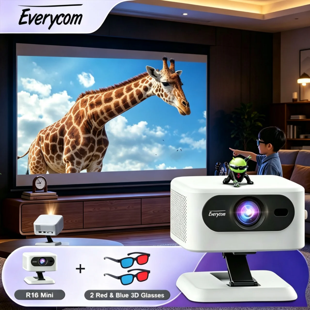 Everycom R16 Mini+Two Red and Blue 3D Glasses Projector Android Version 14000 Lumens Home Theater
Everycom R16 Mini+Two Red and Blue 3D Glasses Projector Android Version 14000 Lumens Home Theater