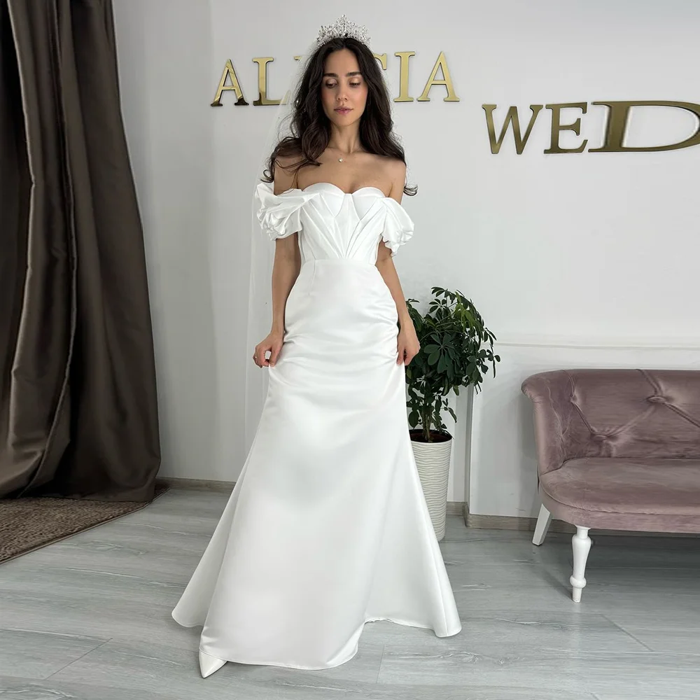 Customized Striking Off-Shoulder Satin Solid Wedding Dress Sexy Sheath Backless Bridal Wedding Gown with Train Vestidos De Novia
Customized Striking Off-Shoulder Satin Solid Wedding Dress Sexy Sheath Backless Bridal Wedding Gown with Train Vestidos De Novia