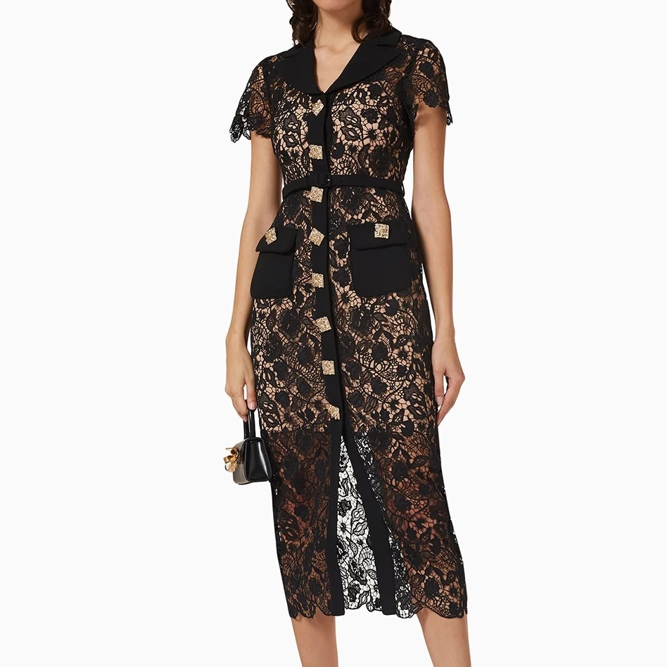 Black Lace Dress Bodycon Women Golden Button Elegant Women's Clothing Summer Holiday Evening Party Dresses Runway Design
Black Lace Dress Bodycon Women Golden Button Elegant Women's Clothing Summer Holiday Evening Party Dresses Runway Design