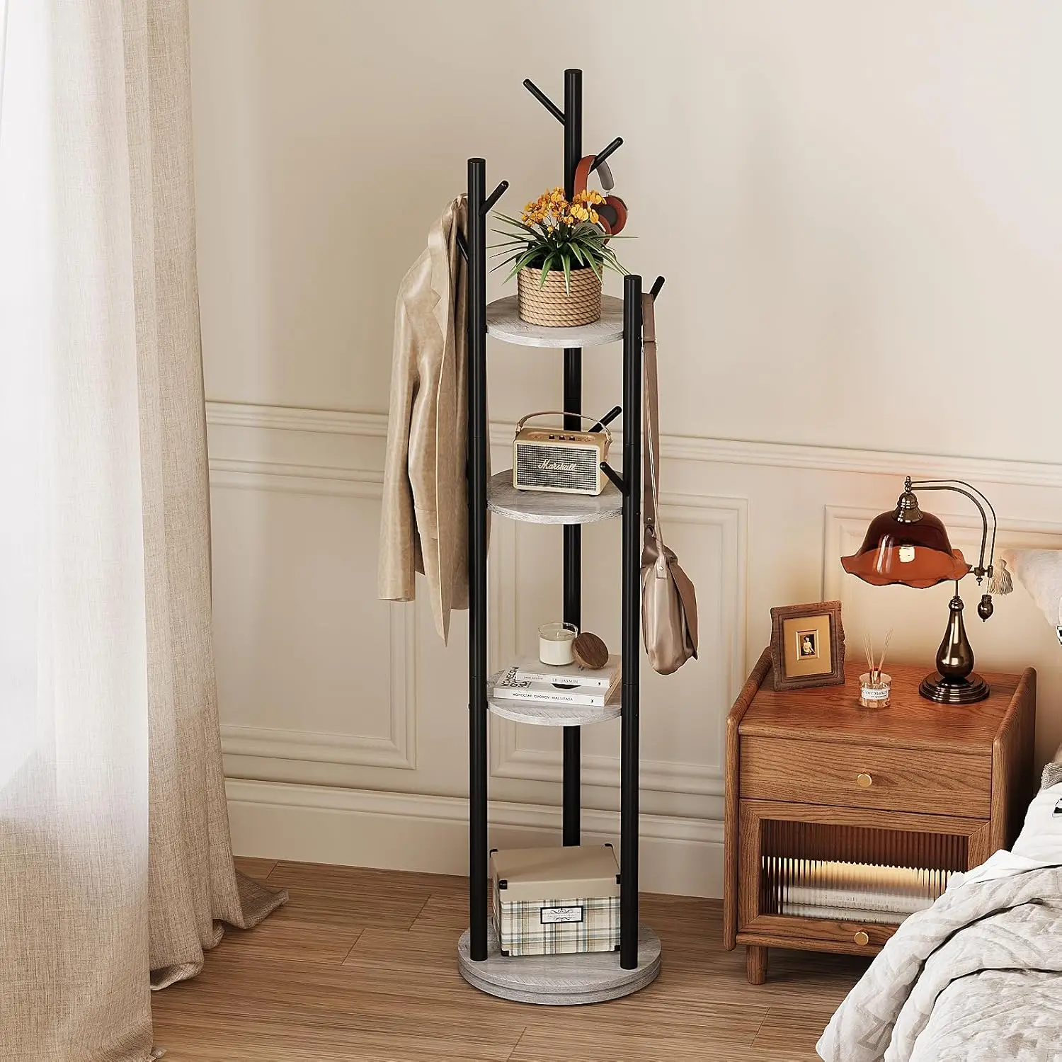 Rotary Coat Rack Freestanding Metal Coat Hall Tree Stand with 4 Tiers Storage Display Shelf and 9 Hooks for, Customized
Rotary Coat Rack Freestanding Metal Coat Hall Tree Stand with 4 Tiers Storage Display Shelf and 9 Hooks for, Customized