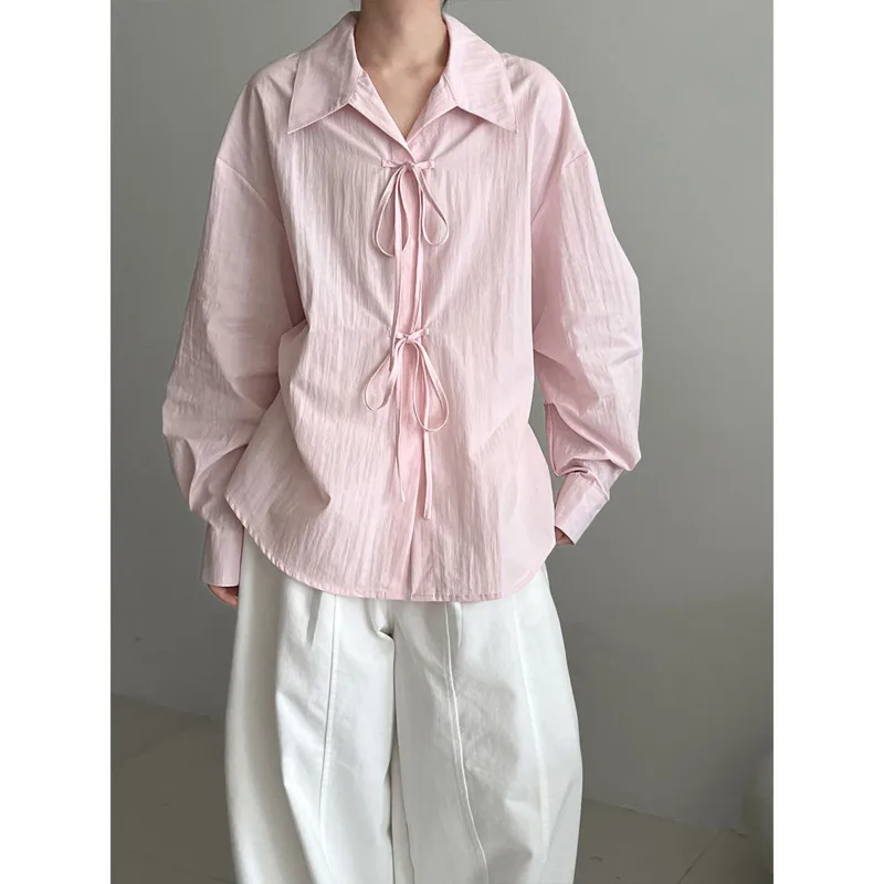 Women Lace-Up Shirts Spring Autumn Turn Down Collar Loose Long Sleeve Korean Casual Tops
Women Lace-Up Shirts Spring Autumn Turn Down Collar Loose Long Sleeve Korean Casual Tops